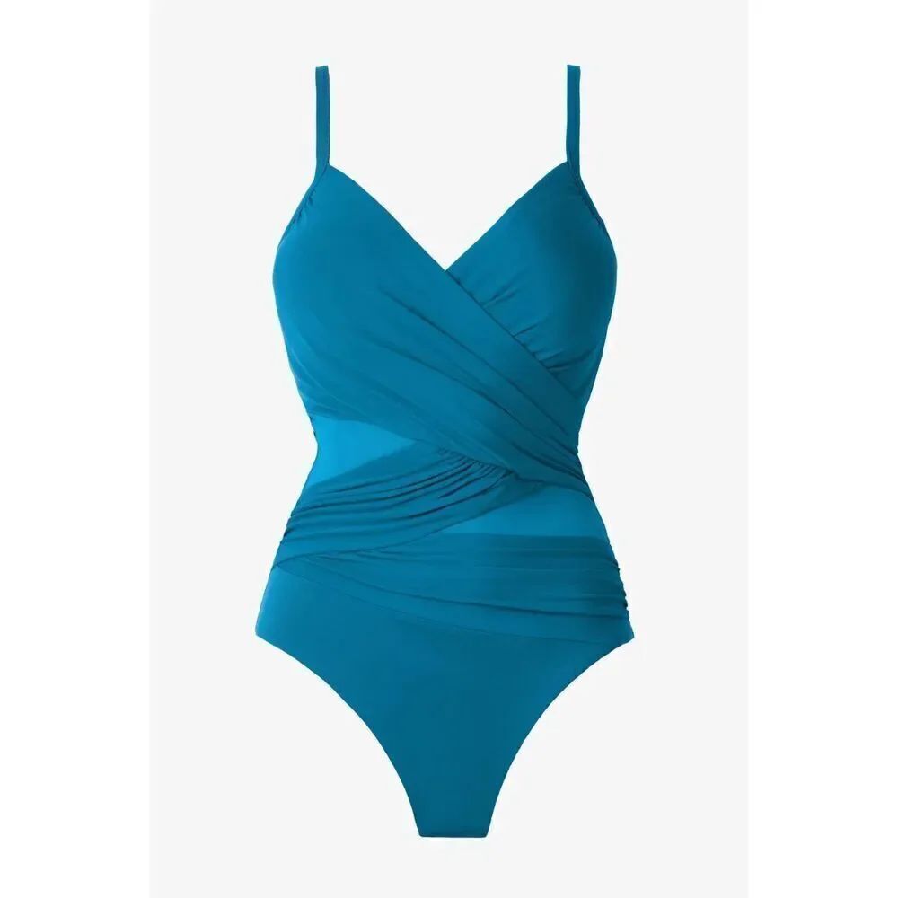 New Miraclesuit Women's Teal Network Mystique Mesh One-Piece Swimsuit Size 12 $
